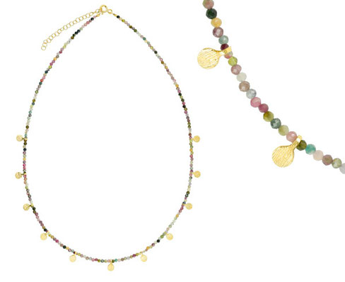 Dekorative Halskette mit Türkisen und Pyriten und silber-vergoldeten Scheibenelementen, längenverstellbar