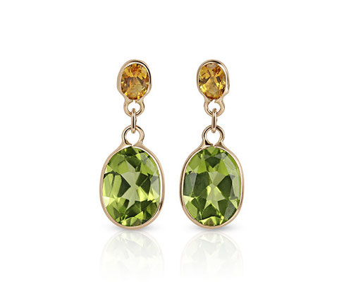 Gelbgoldene Ohrgehänge mit je einem grünen Peridot und je einem dunkelgelben Citrin