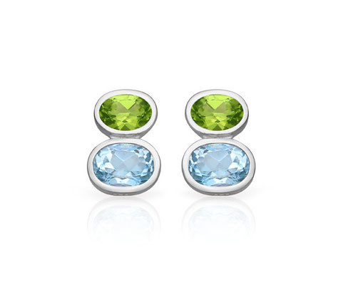 Silberne Ohrstecker mit grünen Peridot und türkisen Topasen