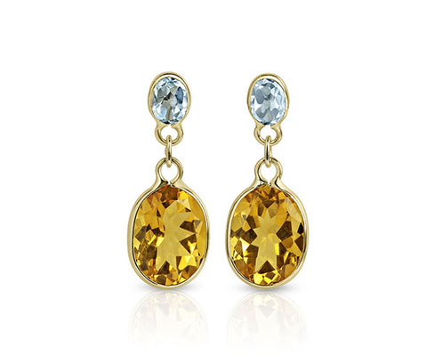 Gelbgoldene Ohrgehänge mit je einem grünen Peridot und je einem dunkelgelben Citrin