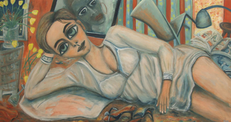 Das Mädchen und die Schuhe, 2013, Öl auf Leinwand, 90x170 cm