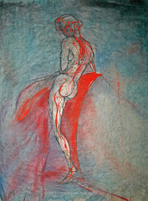 裸体背部-拿着红布的女人,  素描- 水墨颜色, 手工纸