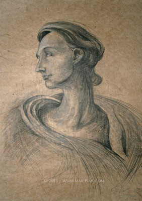 女人肖像, 素描- 用石墨,油粉在手工纸上画成