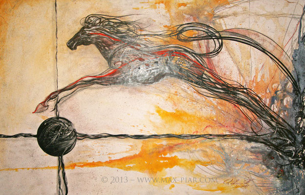 奔马, 油板画-用水墨颜料在木板上画成