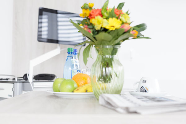 Auftragsarbeit für Benedictus-Krankenhaus Tutzing: Patienten-Suite mit Blumenstrauß und Obstteller