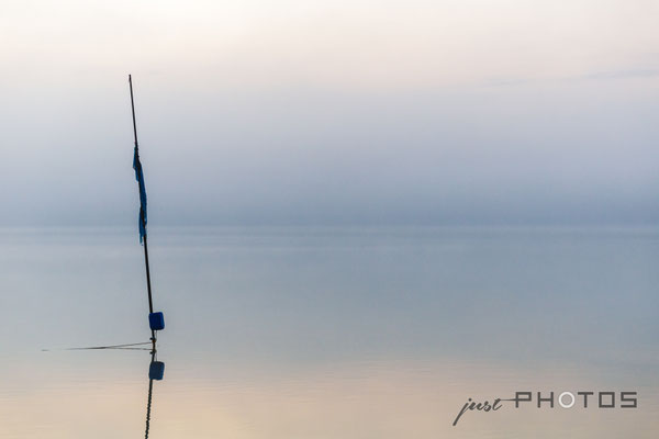 Nebel am Wörthsee - im Vordergrund eine Bojenstange