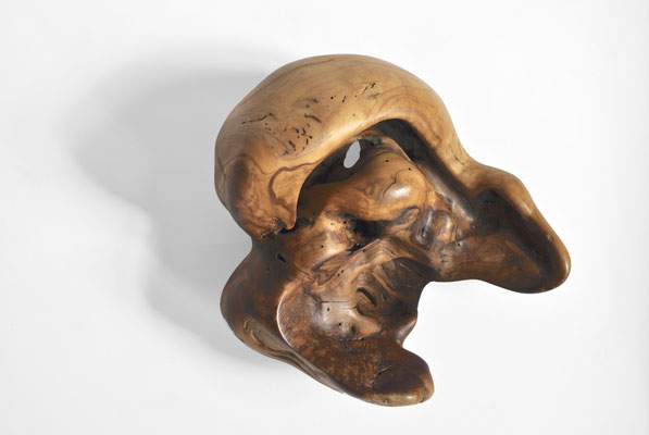 horizontal biomorphic oak wood sculpture by Jörg Pietschmann, showcasing fluid organic folds and golden-brown grain on a white background.