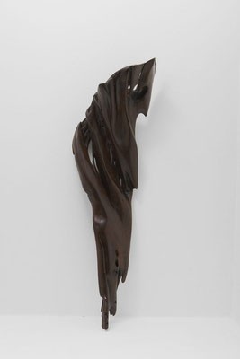 Abstract tropical driftwood sculpture S1100 by Jörg Pietschmann, featuring a dynamic, slender wing-like shape made of dark brown polished wood with deep organic grooves, natural elongated perforations, and weathered textures against a white studio wall.