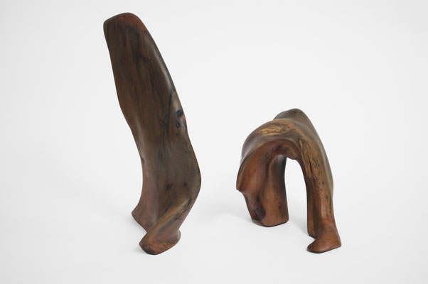 two-piece biomorphic driftwood sculpture S1346 by Jörg Pietschmann, highlighting the weathered, sea-smoothed texture and organic silhouettes of both wooden elements.