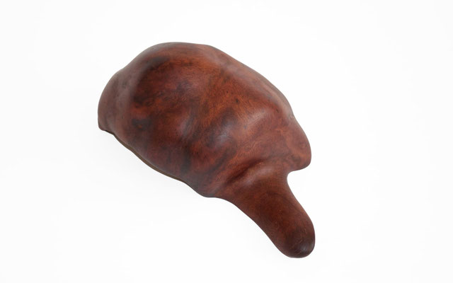 This handcrafted fine art piece features a highly polished, rich reddish-brown burl wood with a deep, swirling grain pattern.