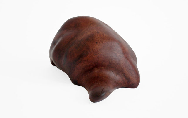 This handcrafted fine art piece features a highly polished, rich reddish-brown burl wood with a deep, swirling grain pattern.