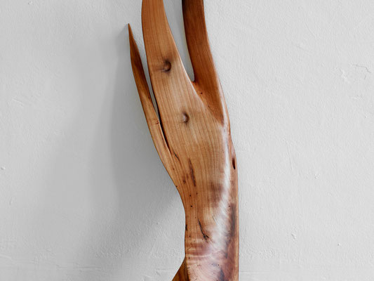 Abstract organic wood sculpture by Jörg Pietschmann, featuring a fluid, flame-like or wing-shaped form made of polished warm honey-colored timber with a dark, charred upper tendril, leaning against a white textured wall on a grey floor.