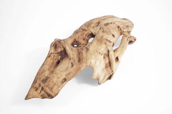 Abstract willow wood sculpture S1357 by Jörg Pietschmann, featuring a dynamic, organic bowl-like shape with natural openings, fluid hollows, and a smooth, light-brown grain texture on a white background.
