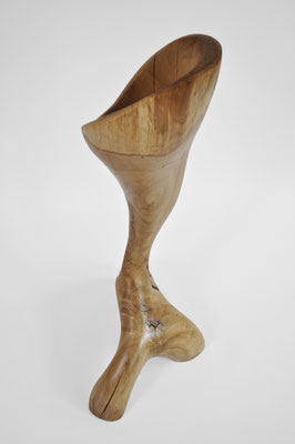 Abstract hand-carved oak sculpture V1659 by Jörg Pietschmann, with a chalice-like top and an elegant curved base resembling a fin or root, on a seamless white background.