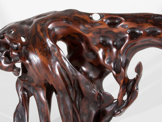 Abstract tropical driftwood sculpture S1202 by Jörg Pietschmann, featuring a dynamic, arched organic form made of highly polished dark wood with vibrant amber-orange inclusions, natural hollows, and unique texturing, isolated on a white background.