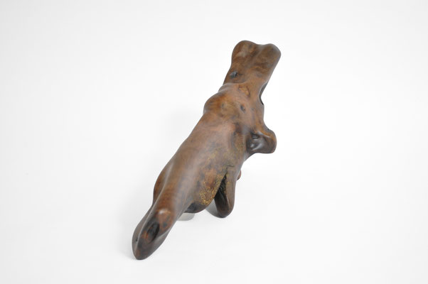 abstract biomorphic burl wood sculpture by Jörg Pietschmann, showcasing dark polished organic shapes and deep natural cavities on a white background.