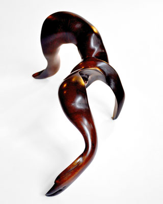 Abstract tropical driftwood sculpture S1031 by Jörg Pietschmann, featuring a dynamic, multi-legged organic form made of highly polished dark brown wood with warm reddish undertones, showcasing fluid curves and a smooth finish against a white background.
