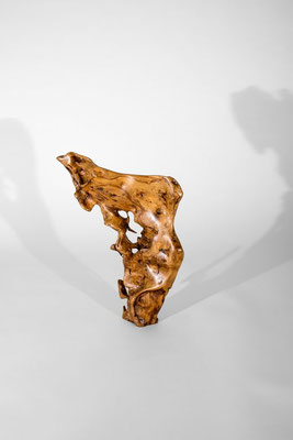 Abstract olive root wood sculpture S0058 by Jörg Pietschmann, featuring a dynamic, highly figured golden-brown grain with intricate natural knots, wild textures, and organic negative space cutouts on a white background.