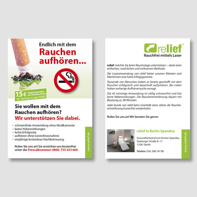 Gestaltete und produzierte Informationsflyer mit Logo für eine Firma die Laseranwendung zur Raucherentwöhnung anbietet