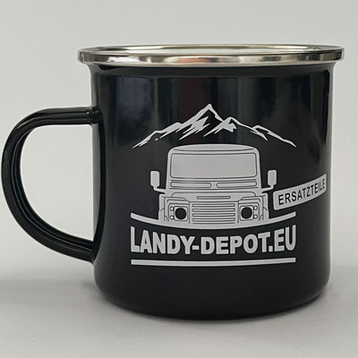 Gestaltete und produzierte Emaile-Tasse als Give-Away für „Landy Depot“, Landrover-Ersatzteileshop und Werkstatt in Wiesbaden-Diedenbergen