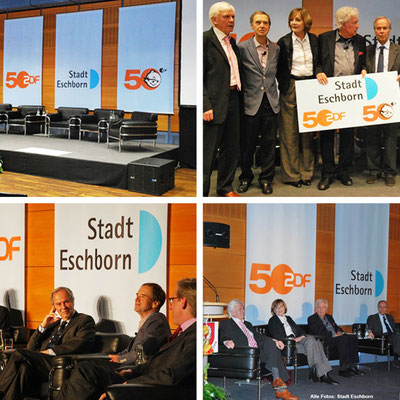 Farbig gestaltete Schilder und Banner für das ZDF-Jubiläum der Stadt Eschborn