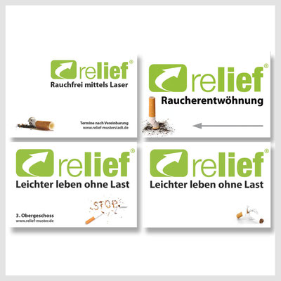 Vorlagen für Firmenschilder mit Logo und Nichtraucher-Symbol für eine Firma die Laseranwendung zur Raucherentwöhnung anbietet