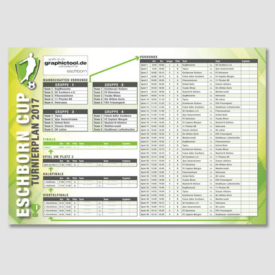 Farbig gestalteter Spielplan mit Mannschaften und Terminen für eine Benefiz-Fußballveranstaltung