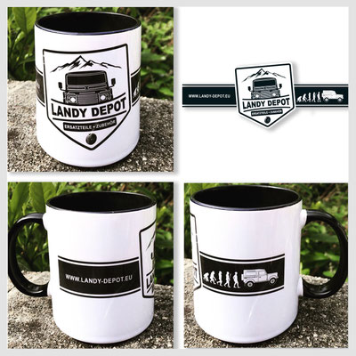 Gestaltete und produzierte Emaile-Tasse als Give-Away für „Landy Depot“, Landrover-Ersatzteileshop und Werkstatt in Wiesbaden-Diedenbergen