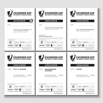 Gestaltete und produzierte Urkunden für Mannschaften einer Benefiz-Fußballveranstaltung
