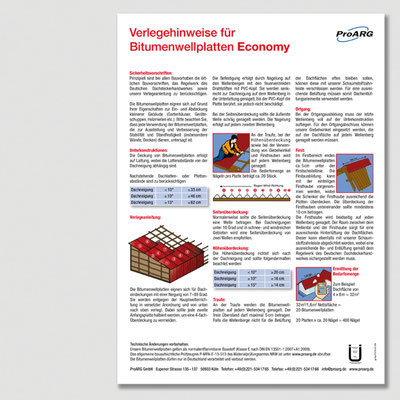 Gestaltetes Informationsblatt zur Montage von Bitumwellplatten von PROARG für Baumärkte