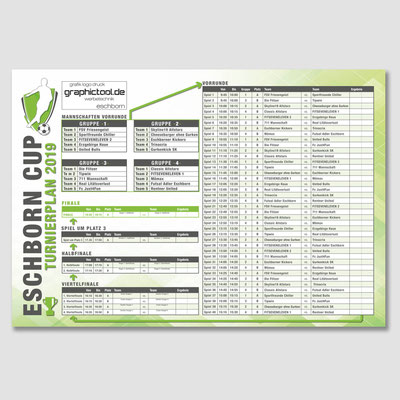 estalteter und produzierter farbiger Spielplan für eine Benefiz-Fußballveranstaltung