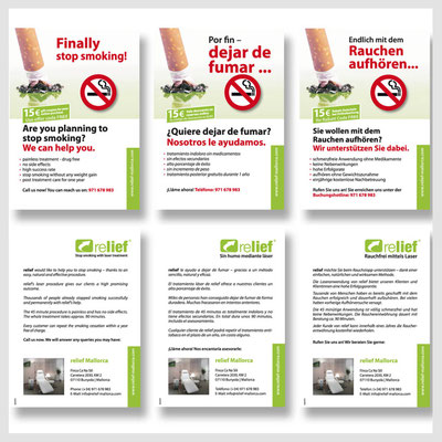 Gestaltete und produzierte Informationsflyer in verschiedenen Sprachen mit Logo für eine Firma die Laseranwendung zur Raucherentwöhnung anbietet