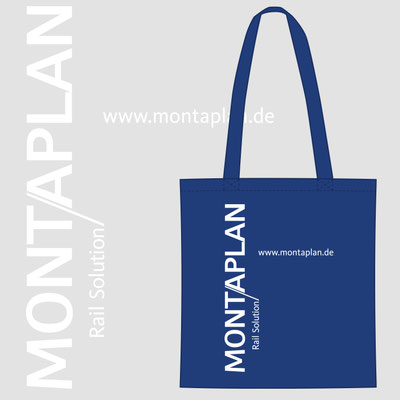 Gestaltete und bedruckte blaue Baumwolltasche mit Logo als Give-Away für ein Frankfurter Unternehmen