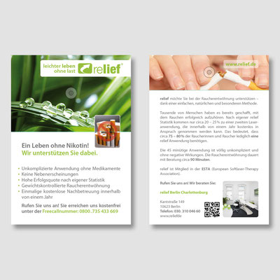 Informationsflyer mit Logo für eine Firma die Laseranwendung zur Raucherentwöhnung anbietet