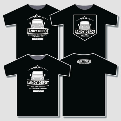 Gestaltete und produzierte T-Shirts mit Logodruck für „Landy Depot“, Landrover-Ersatzteileshop und Werkstatt in Wiesbaden-Diedenbergen