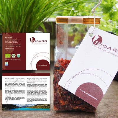 Gestalteter Verpackungsflyer für transparente Verpackungen von BioARG Köln für biologische Lebensmittel