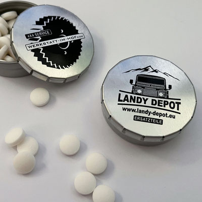 Gestaltetes und produzierte Pfefferminz-Dose als Give-Away für „Landy Depot“, Landrover-Ersatzteileshop und Werkstatt in Wiesbaden-Diedenbergen