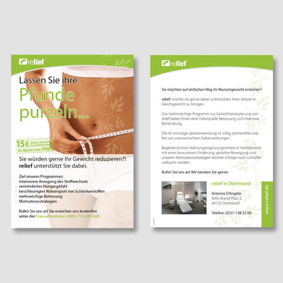 Farbig gestaltete Informationsflyer mit Logo für eine Firma die Laseranwendung zur Raucherentwöhnung anbietet