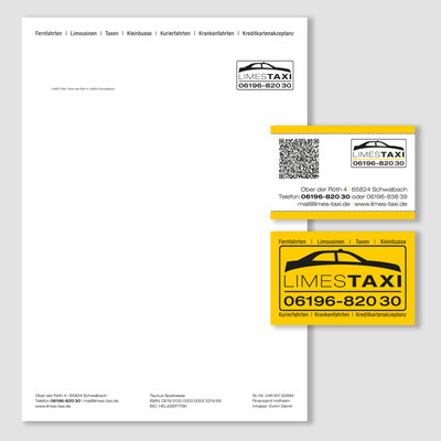 Bürodrucksachen wie Briefpapier, Quittung, Visitenkarten und Kugelschreiber für ein Taxiunternehmen