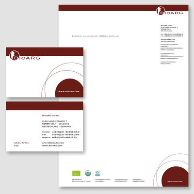 Gestaltete und produzierte Geschäftsdrucksachen von BioARG Köln – Briefpapier und Visitenkarten