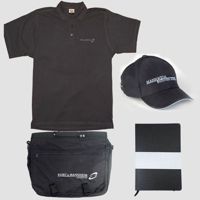 Gestaltetes und produziertes Set aus Streuartikeln – Baseballcap, Tasche und Visitenkartenetui – für die Mannheim Business School