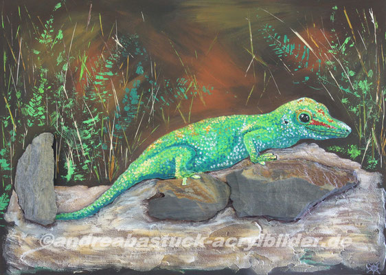 "Gekko auf Schieferplatten", 70 cm x 50 cm, Acryl, Strukturpaste, Schiefer (in Privatbesitz)