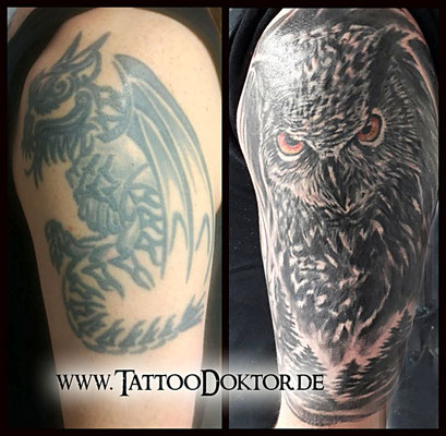CoverUp Tattoo Rostock, Tattoo Eule, TattooRitual Rostock, Tattoostudio Rostock