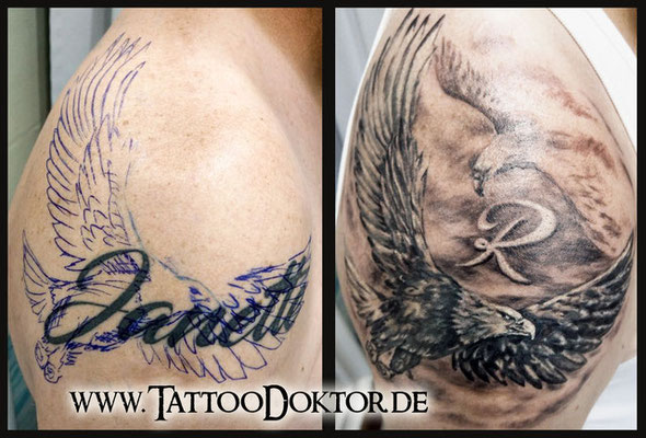 CoverUp Tattoo Rostock, Abdeckug Schriftzug durch Adler, TattooRitual Rostock, Tattoostudio Rostock