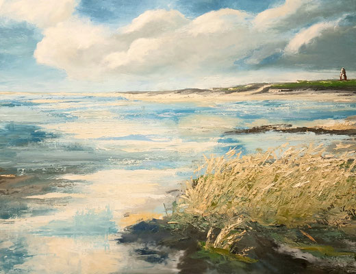 "Wolken, Meer und Reet", 80x100 cm, Pinsel- und Spachteltechnik
