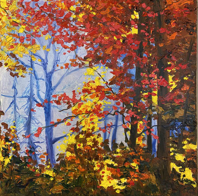 " Herbstwald", Öl auf Leinwand, 40x40 cm, Pinsel- und Spachteltechnik