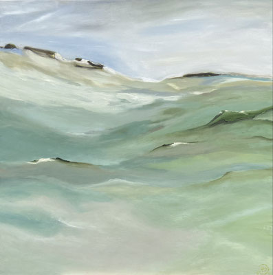 "Abstrakte grüne Landschaft", Öl auf Leinwand, 100x100 cm, Pinseltechnik 