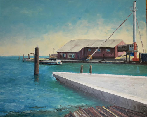"Fischereihaus Dornumersiel", Öl auf Leinwand, 80x100 cm, Pinsel- und Spachteltechnik