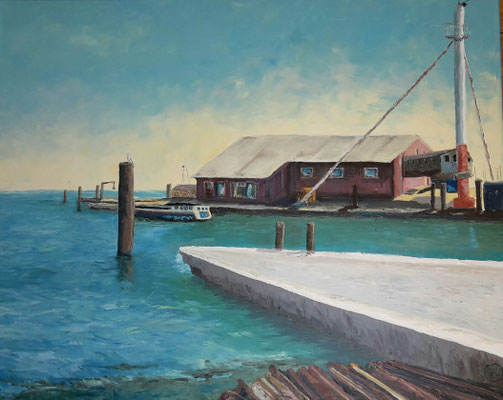 "Fischereihaus Dornumersiel", Öl auf Leinwand, 80x100 cm, Pinsel- und Spachteltechnik