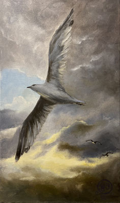 "Möwe im Sturm", Öl auf Leinwand, 30x50 cm, Pinseltechnik